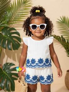 SHEIN 2pcs/Set Infant Toddler Unisex 0-3Y Casual Embroidery & Printed Pattern Shirt, Countryside Style Spring/Summer Baby Girls Outfit - Multicolor - View 1