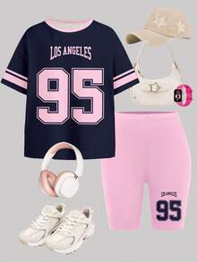 Conjunto de 2 piezas de camiseta de manga corta de cuello redondo y pantalones cortos tipo ciclista en contraste de color azul marino y rosa neón para niñas preadolescentes, adecuado para uso diario en primavera/verano, estilo callejero, salidas, vacaciones, regreso a clases, atuendo retro para niñas de 8 a 12 años - Multicolor - Ver 3