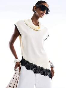 LYSMO 女士不对称下摆蕾丝边圆领衬衫 - 鵝黃色 - 查看 6