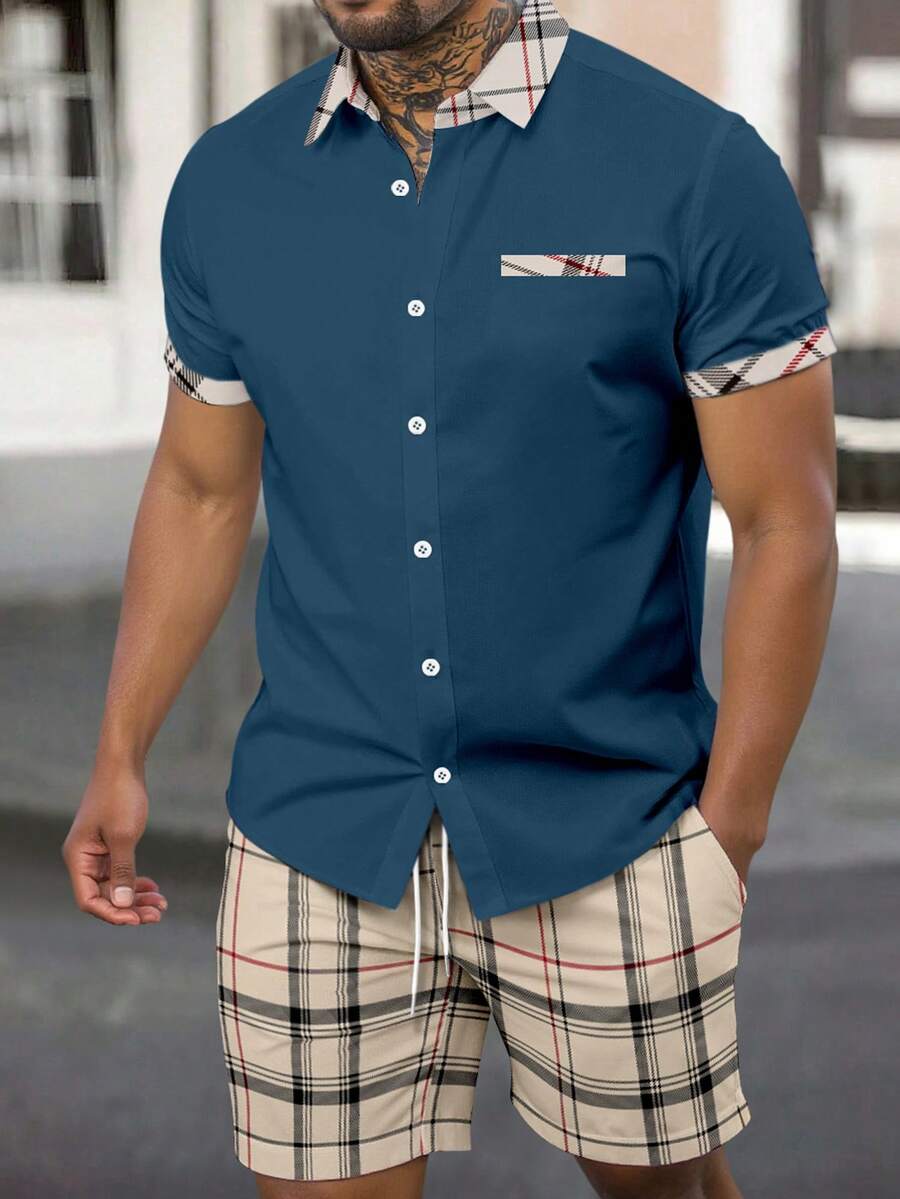 Manfinity Homme Men's Casual Plaid Patchwork Short Sleeve Shirt Set, Summer - Multicolor - View 1