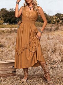 LanaWest Vestido sin mangas de unicolor con volantes en la cintura, estilo occidental para mujer - Caqui - Ver 4