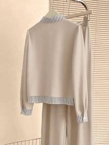 Resyla Women's New Striped Shirt & Wide Leg Pants 2 Pieces Set, Autumn/Winter Outfit - Baby Pink - View 2