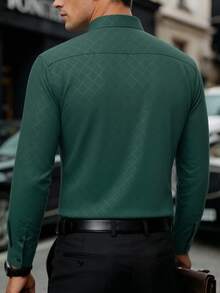 Manfinity Mode Men's Luxury Long Sleeve Shirt,Dark Green Autumn Smart Casual Office Dress Shirt,Solid Color Stand-Up Collar Business Formal Shirt For Wedding,Party - Dark Green - View 2