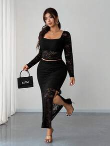 Elenzga Plus Size Black Lace Patchwork Long Sleeve Cropped Top & High Slit Skirt 2 Piece Set - Black - View 3