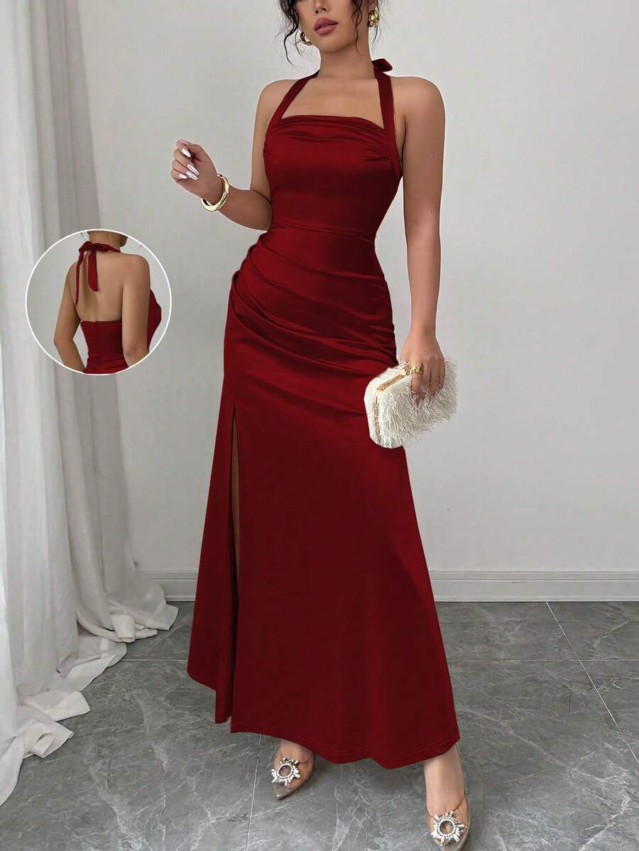 Rafferiza 优雅香槟色紧身吊带背心弹力缎面高开衩连衣裙 - 酒紅色 - 查看 1