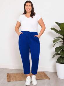 EMERY ROSE Pantalones casuales de talla grande para mujer con cintura con cordón y bolsillos, de unicolor - azul real - Ver 4