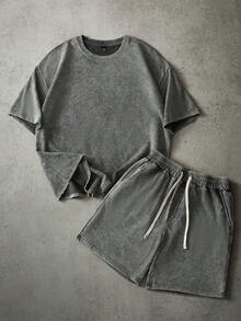Manfinity Roghcode Men's Casual Washed T-Shirt And Shorts Set, Summer - Grey - View 1