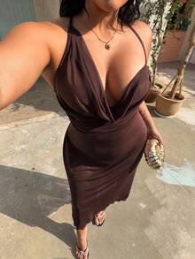 Rustia Plus Size Women Solid Color Halter Backless Cross Elegant Waist Gathering Party Dress - Coffee Brown - View 6