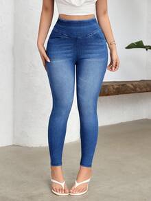 Flexra 女士休闲水洗高腰修身牛仔裤 - 藍色 - 查看 4