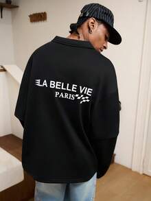 GALLERY FADE 男士字母印花休闲百搭通勤短袖Polo衫 - 黑色 - 查看 2