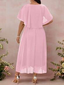 Cravure 女士加大码圆领宽松纯色优雅长款雪纺连衣裙 夏季女装 春季连衣裙 优雅正式女装 婚礼女装 婚礼宾客礼服 - 藕粉色 - 查看 2