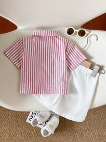 SHEIN Baby Boy Fresh Striped Short Sleeve Set,White,Summer,Casual,Family Matching Minimalist Classic Collar Button Puff Sleeve Top With Matching Shorts - Red - View 2