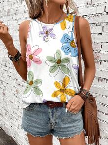 EMERY ROSE Casual Dopamine Flower Print Round Neck Tank Top, Plus Size For Women, Suitable For Summer - Multicolor - View 3