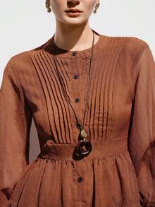 Aveloria Modichic 法式浪漫公主连衣裙，高腰，荷叶边，长袖，圆领，纽扣闭合，泡泡质感，A字短款连衣裙，优雅显瘦，适合秋季穿着 - 棕色 - 查看 1