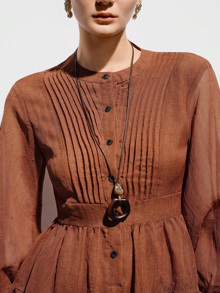 Aveloria Modichic 法式浪漫公主连衣裙，高腰，荷叶边，长袖，圆领，纽扣闭合，泡泡质感，A字短款连衣裙，优雅显瘦，适合秋季穿着 - 棕色 - 查看 1