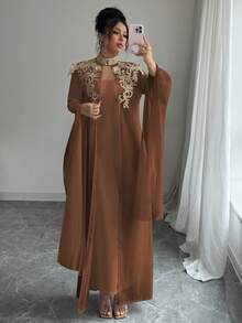 Rafferiza Women's Dignified, Elegant And Graceful Applique Decorated Robe And Dress Set - Coffee Brown - View 4