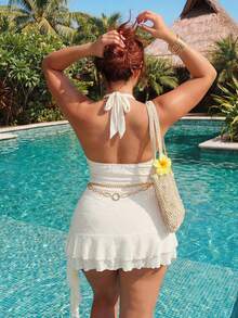 ROMWE Avant Plus Size Women's Summer Sexy Beach Vacation Style Solid Color Textured Fabric Metal Starfish Decor Multi-Layered Ruffle Hem Backless Tie Neck Dress - Apricot - View 2