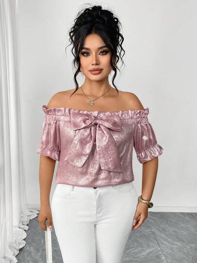 Elenzga Áo kiểu nữ cỡ lớn thanh lịch, trễ vai, đính nơ, chất liệu vải ánh kim.