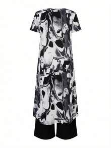 Ellevyn 女士全印花不对称下摆交叉露脐上衣和纯色长裤两件套 - 黑色 - 查看 2