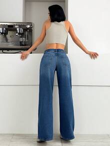 SHEIN Women's Pocketed Wide Leg Loose Casual Sexy Versatile Jeans Swimming Pastal - Medium Wash - View 2