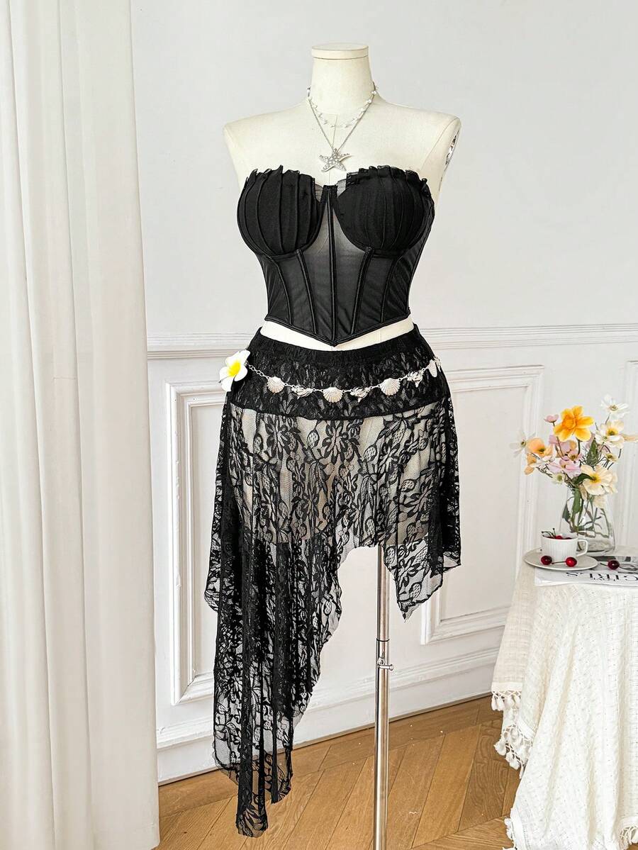 SHEIN EZwear Plus Size Asymmetrical Lace See-Through Music Festival Beach Vacation Skirt, Black Two Piece Set Women Outfit Corset Set With Skirt One Set Women Outfit Corset Dresses For Woman Birthday Outfits For Women - Black - View 1