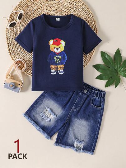 SHEIN Genkimix Kids Toddler Boys' Cute Cartoon Bear & Letter Print Short Sleeve T-Shirt, Casual Comfortable Knit Tee, Suitable For Summer Cheap Clothes For Kids Summer Outfits For Kids Boys Clothes Set
