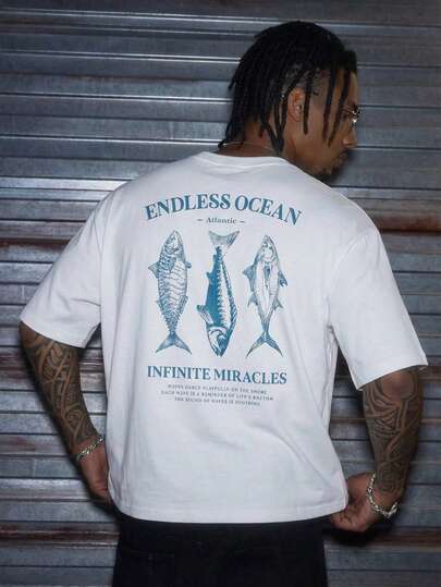 AXEPEAK HIMLAND 男士休闲鱼形图案印花宽松落肩圆领短袖 T 恤，适合户外、居家、约会、海滩、白色男士衬衫、图案衬衫、夏季男士衬衫、趣味 T 恤、男士夏装、情侣装、男士礼物、超大号海滩 T 恤、春季上衣