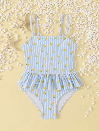 SUMWON Bộ đồ bơi liền thân kẻ sọc in hình chanh cho bé gái, có chi tiết bèo nhún ở eo và dây đeo có thể điều chỉnh, thích hợp cho kỳ nghỉ hè ở bãi biển, hồ bơi.