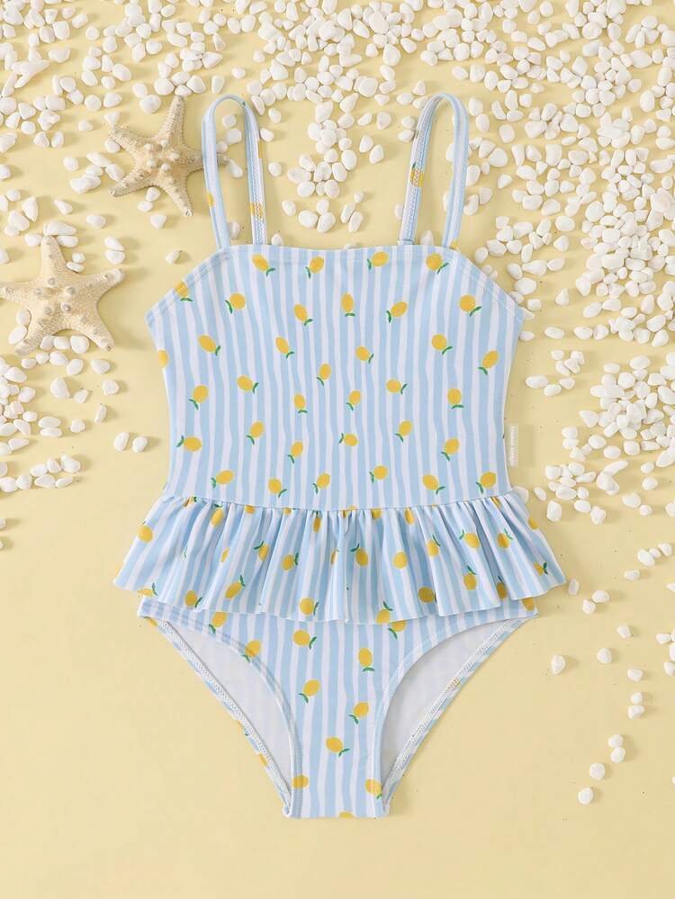Girls Lemon Print Striped One Piece Swimsuit With Ruffle Peplum Detail And Adjustable Straps Summer Beach Pool Vacation
