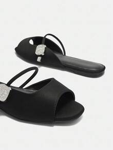 Bholvia Women's Elegant Silver Crystal Embellished Ankle Strap Open Toe Flat Mule Sandals, Black Lychee Fabric, Comfortable For Daily Wear And Party Spring Shoes Summer Shoes - Black - View 12