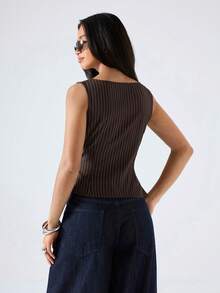 LYSMO Áo tank top không tay cổ tròn kiểu dáng tối giản mới năm 2026 với họa tiết tối giản, màu nâu, áo buộc dây phía trước màu nâu, áo bất đối xứng, áo kẻ sọc mỏng, áo kiểu thời trang nữ/áo kiểu nữ thường ngày - màu nâu - Xem 2