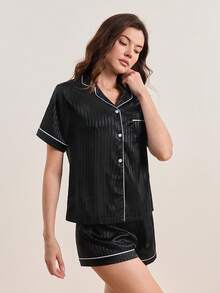 Lapel Collar Contrast Binding Satin Blouse & Shorts PJ Set / Pajama Set - Black - View 6