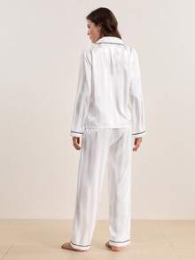 Hourtrue Contrast Piping Satin Pajama White Set, Fall Winter Clothes Cozy And Elegant Detailsfor Summer - White - View 2
