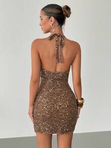 Siren Gaze 新款春夏亮片紧身迷你夜店连衣裙（女款） - 棕色 - 查看 2