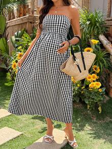 SHEIN Đầm ống kẻ caro dáng rộng cho bà bầu, thích hợp mặc đi nghỉ mát. - màu đen - Xem 4