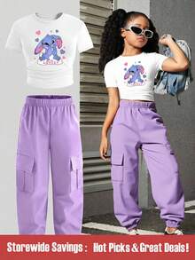 SHEIN Set de 2 piezas Conjunto informal de niña con estampado de conejo, blusa de manga corta y pantalón con cordón - Morado - Ver 1