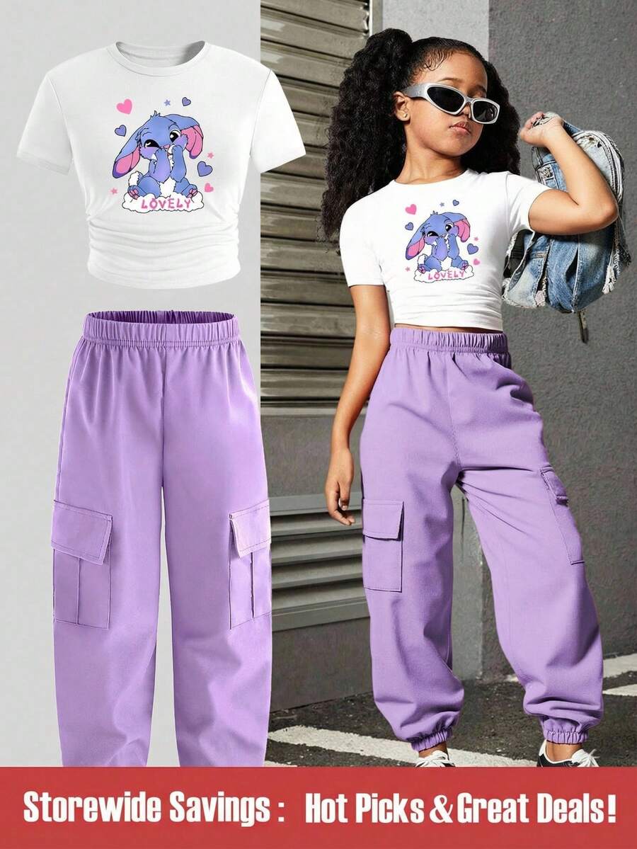 SHEIN Set de 2 piezas Conjunto informal de niña con estampado de conejo, blusa de manga corta y pantalón con cordón - Morado - Ver 1