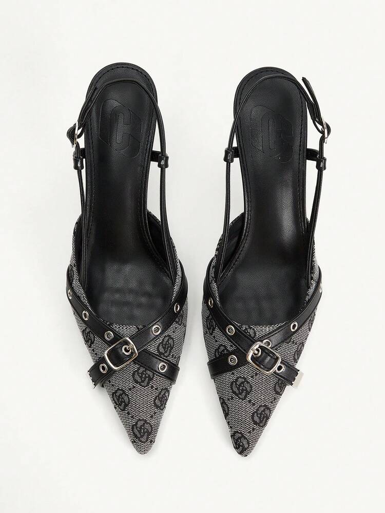 CUCCOO CHICEST Women Shoes 2026 Summer And Autumn Vintage Printed Metal Buckle Pointed Toe Thin Heel 7.2cm Sexy Wind Canvas Black Brown Closed Toe Women's High Heel Sandals Commuter Dating Women's High Heel Shoes Wedding Shoes Summer Shoes Bride Shoes