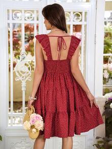 SHEIN Pregnant Women's Sweet Ruffled Cap Sleeve Multi-Layer Pleated Polka Dot Dress - Red - View 2