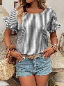 SHEIN Holidaya 女款黑白條紋短袖上衣，休閒百搭夏季度假上衣，春夏日常穿著 - 黑色 - 查看 2