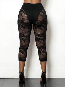 BamGleam Women's Contrast Lace Elastic Waist Cropped Leggings - Black - View 2