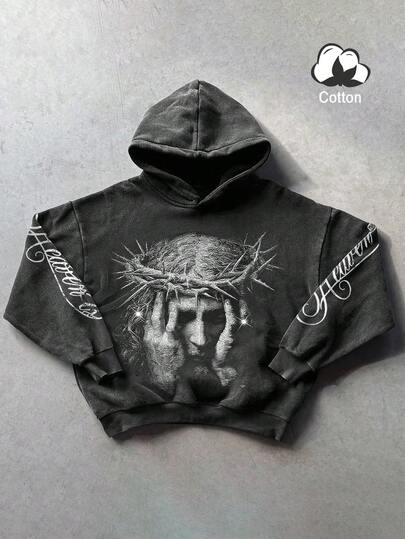 Manfinity EMRG Sudadera con capucha casual minimalista con gráfico del retrato de Jesús y lema del cielo, sudaderas de otoño, sudaderas con capucha de hombre de otoño estilos acogedores de otoño e invierno, regalos de invierno para hombres, regalos de Navidad, top de manga larga