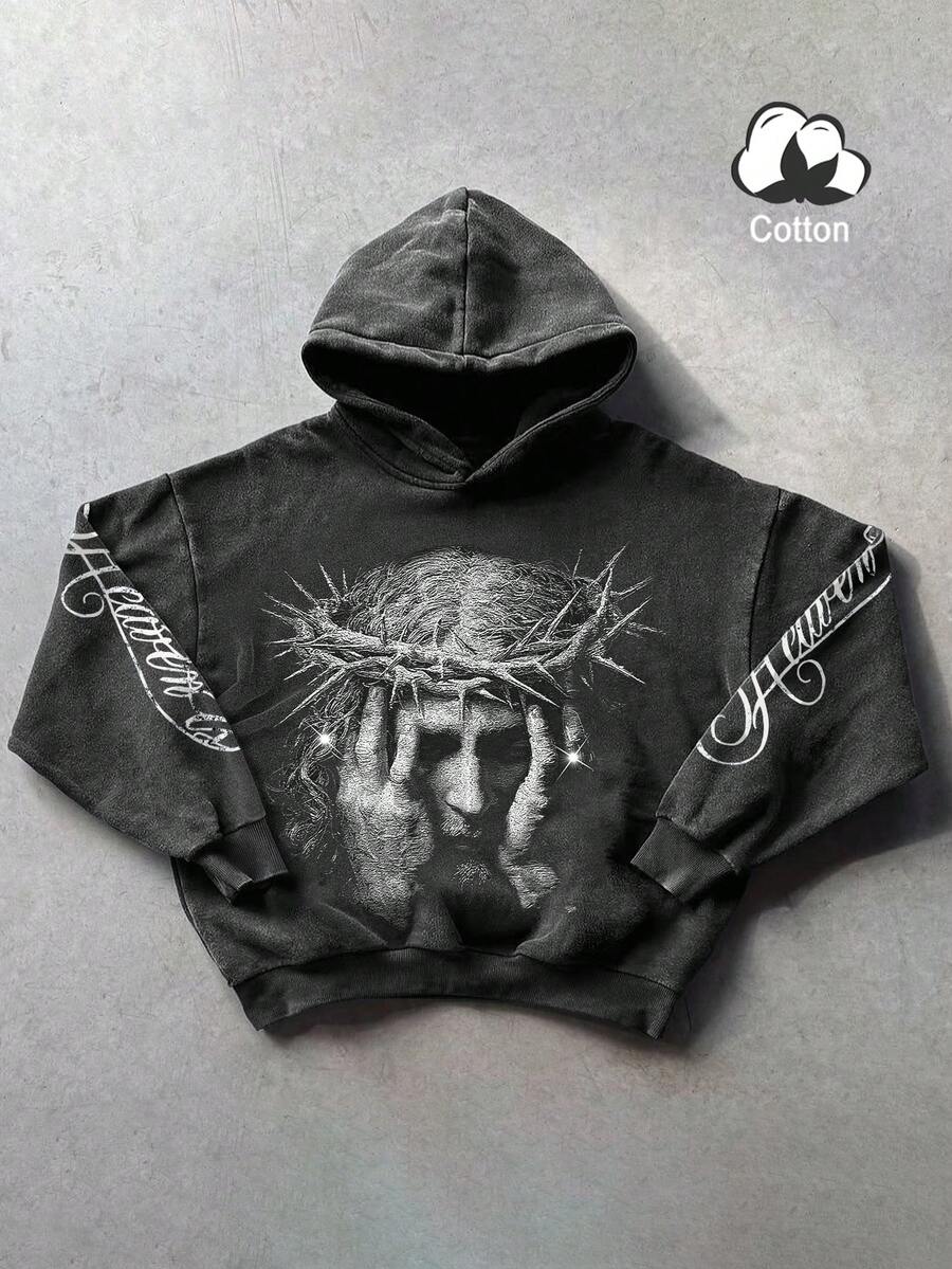 Manfinity EMRG 男士耶稣肖像及天堂标语图案休闲简约街头风连帽衫，秋季卫衣，男士秋季连帽衫，舒适秋冬款式，冬季男士礼物，圣诞礼物，长袖上衣 - 黑色 - 查看 1