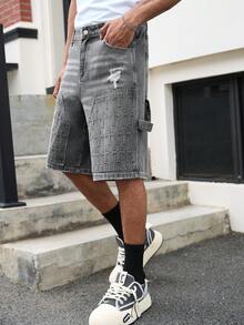 Devon Thys Quần short denim màu xám thêu họa tiết phong cách đường phố thường ngày dành cho nam giới. - Màu xám đen - Xem 5