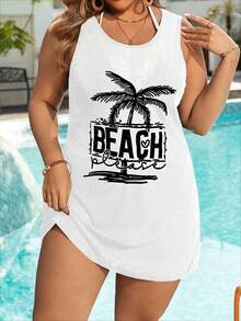 Swim Lushoire Plus Size Women Palm Tree Print Sleeveless Romper Casual Beach Cover Up - White - View 3