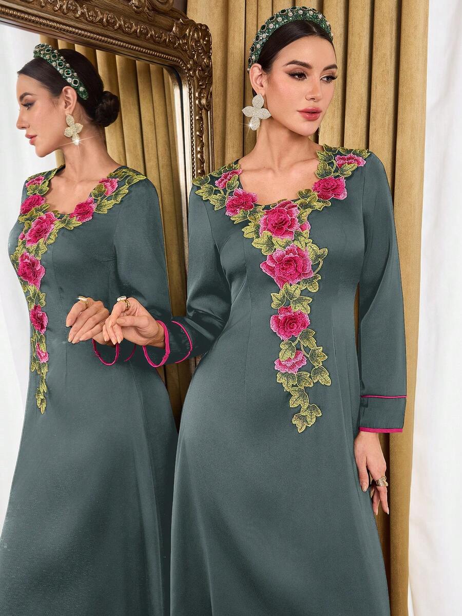 Al Najma 女士花卉刺绣图案休闲派对旅行阿拉伯传统连衣裙 - 灰色 - 查看 1