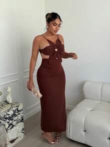 Maria Perezxox Robe d'été à bretelles dos nu avec pétales, style floral 3D, tenue de vacances pour femme, tenues de plage, robes d'été pour femmes - Tabac - Voir 4