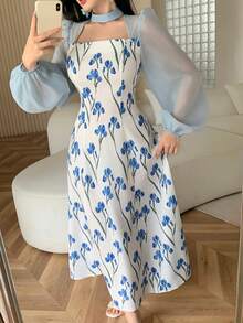 Feyla Đầm nữ tay phồng họa tiết hoa, dáng dài ngang gối, thanh lịch. - Xanh và trắng - Xem 4
