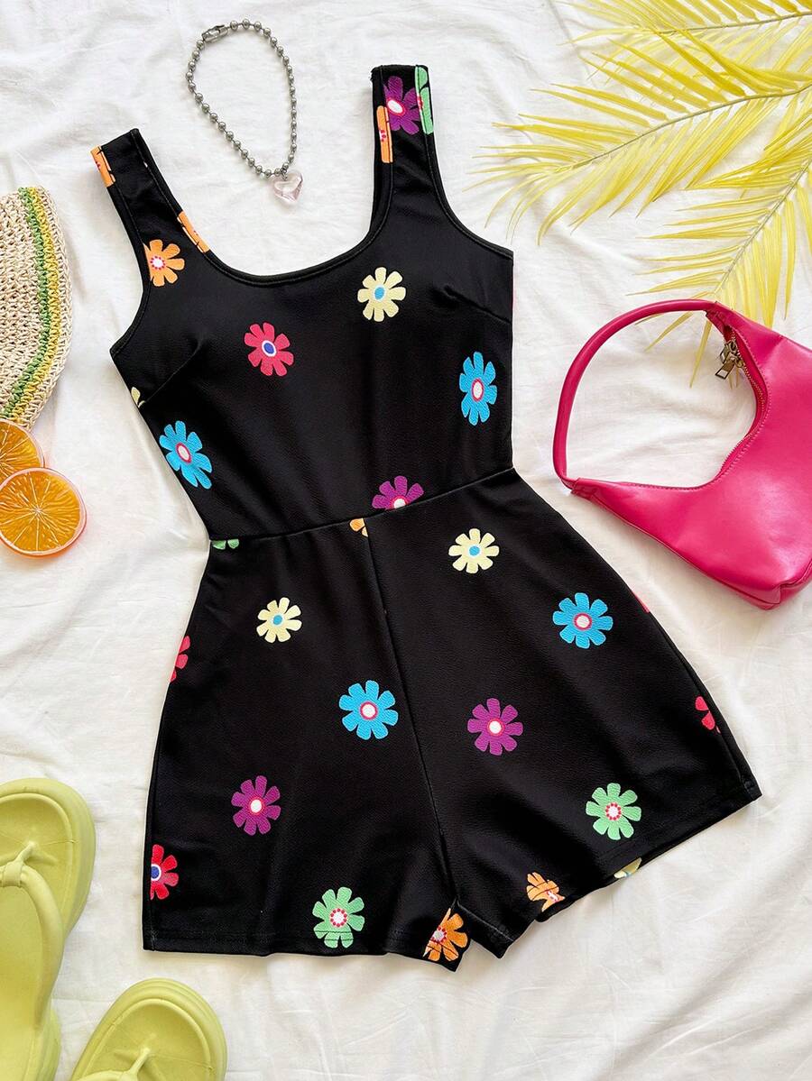 Soleia Nuevo mono minimalista de cuello cuadrado con estampado gráfico de punto - Negro - Ver 1