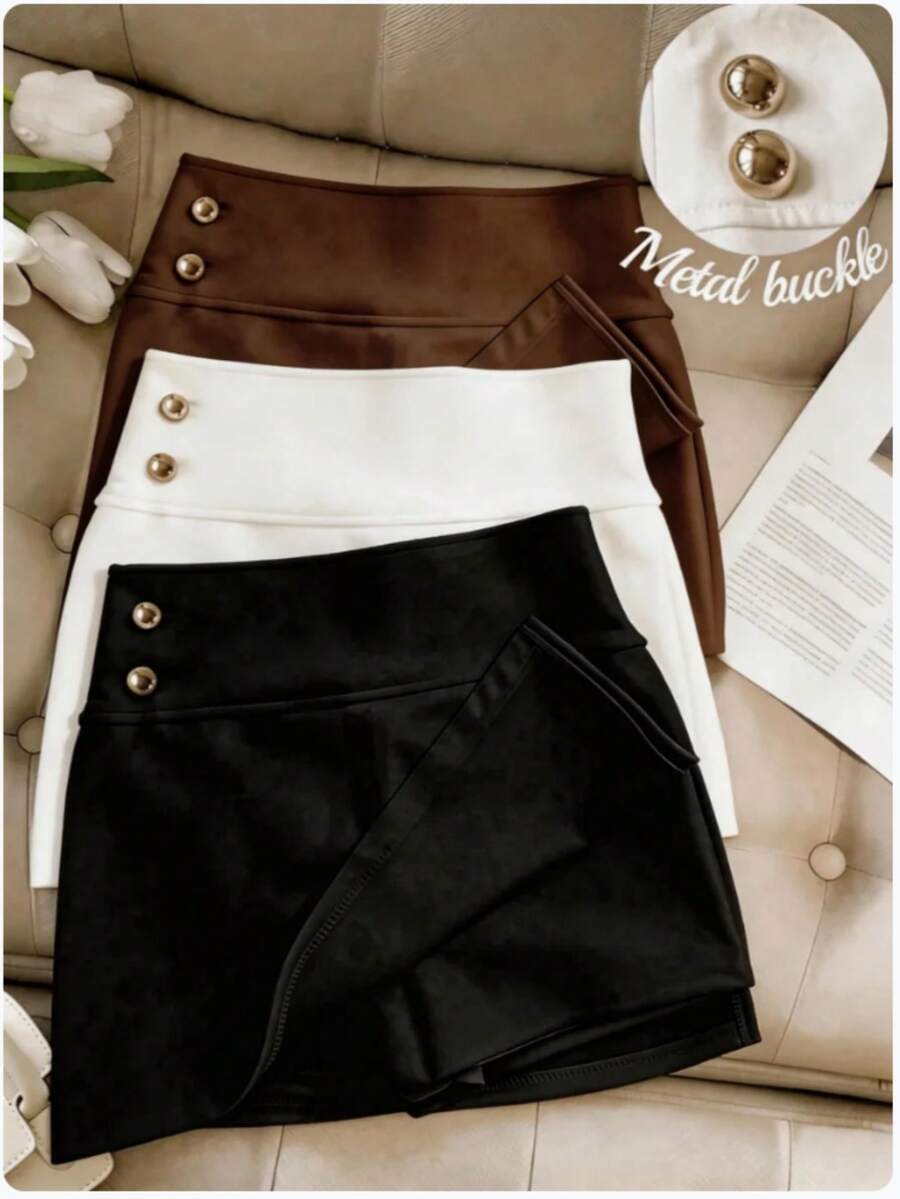 Franclia Women's Solid Color Metal Button Waist Design Casual Skorts - Black - View 1